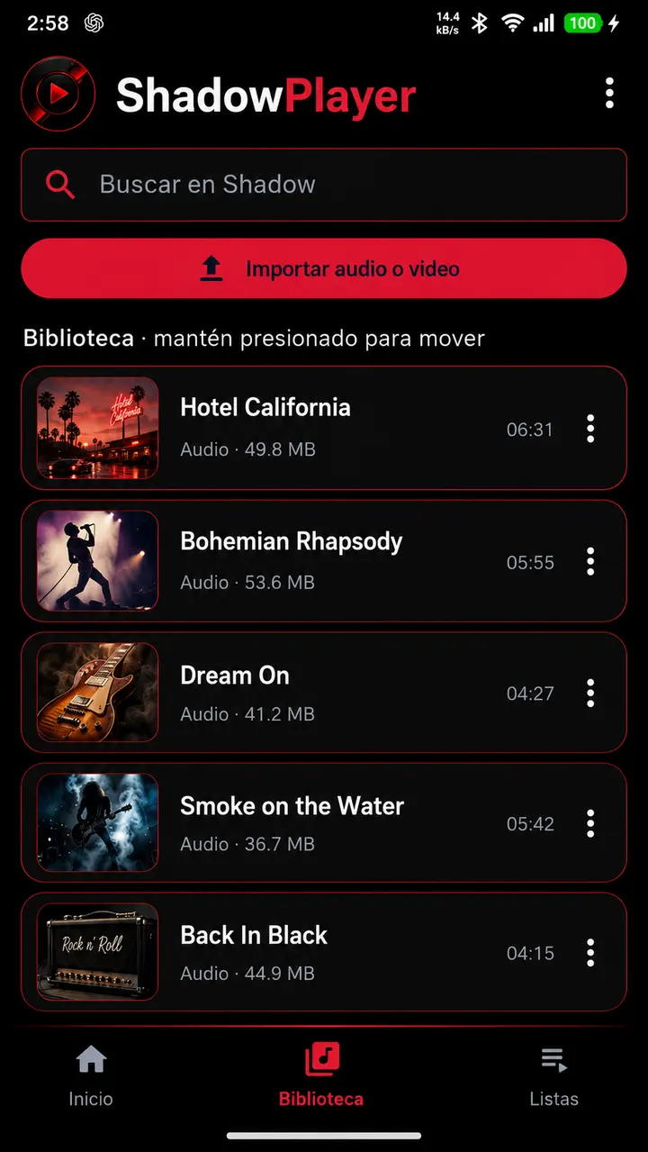 Pantalla de biblioteca de ShadowPlayer