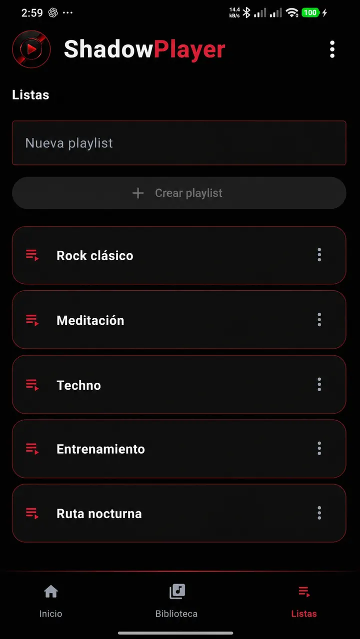 Pantalla de playlists de ShadowPlayer
